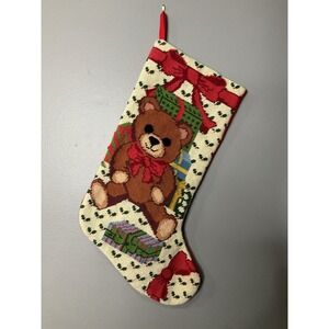 Wool Teddy Bear Holly Needlepoint Embroidery Christmas Stocking Velvet  18"